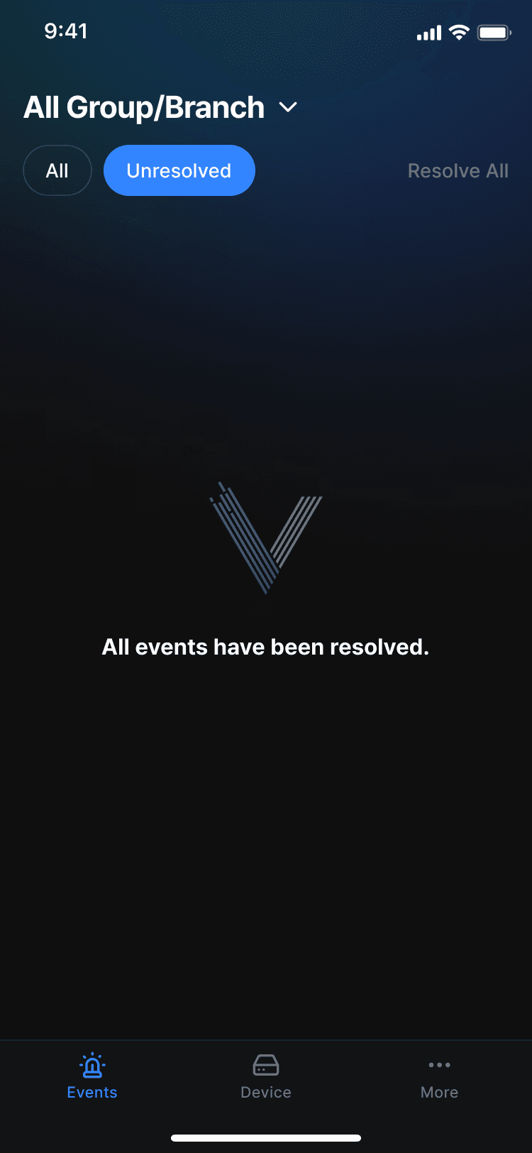 미해결 이벤트가 없는 화면